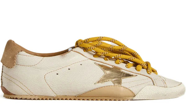 True-Star in white nappa leather with gold foiled leather star and beige suede heel tab