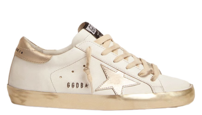 Women's Super-Star with gold sparkle foxing and metal stud lettering