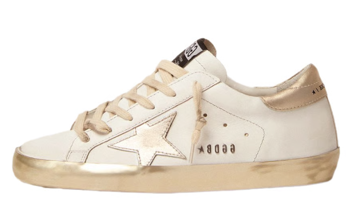 Women's Super-Star with gold sparkle foxing and metal stud lettering