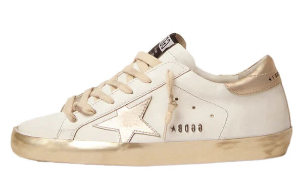 Women's Super-Star with gold sparkle foxing and metal stud lettering