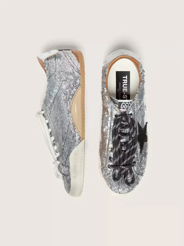 Women's True-Star in silver sequins with black star and silver leather heel tab