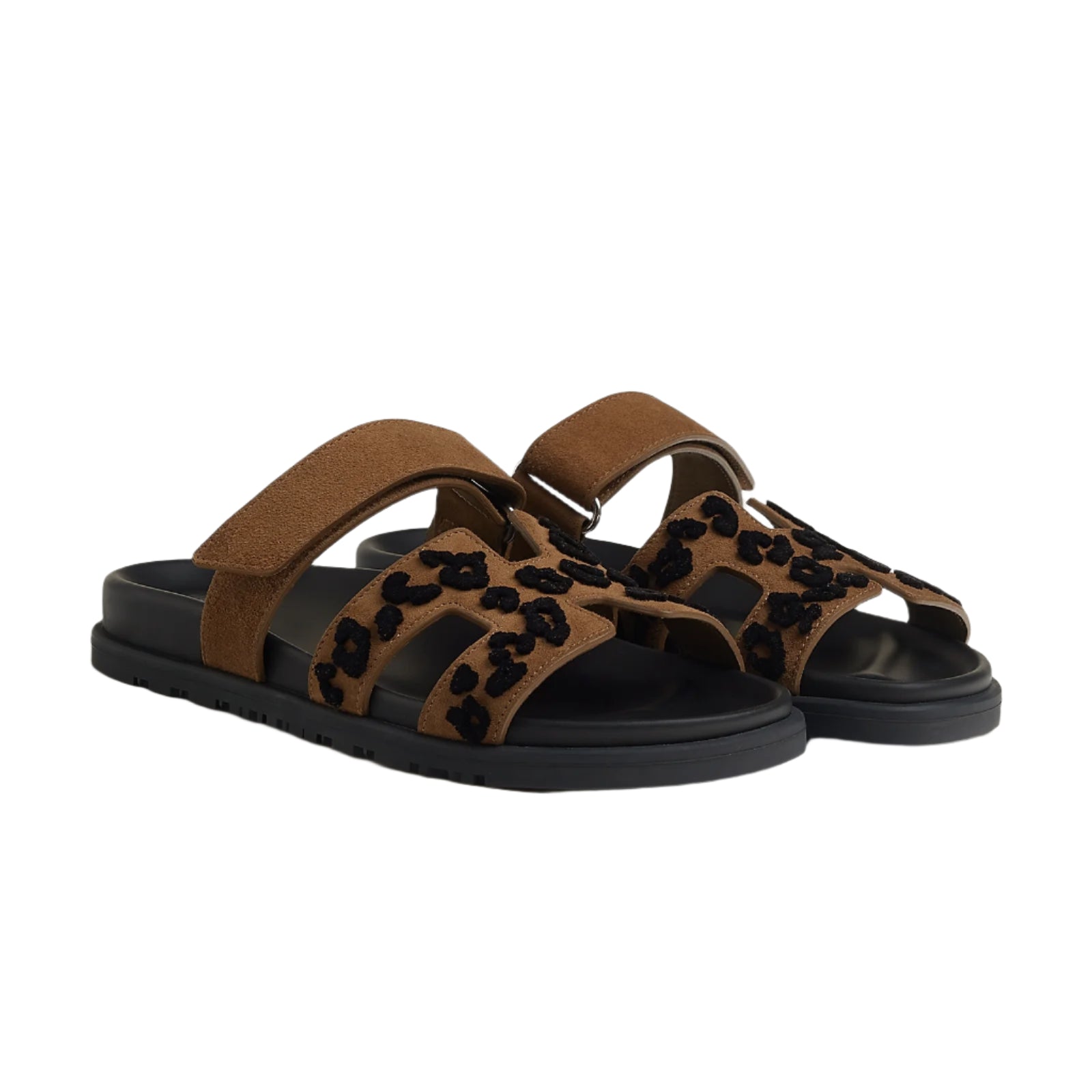 Hermes Suede Goatskin Tufted Leopard Womens Chypre Sandals Brun Fume Black