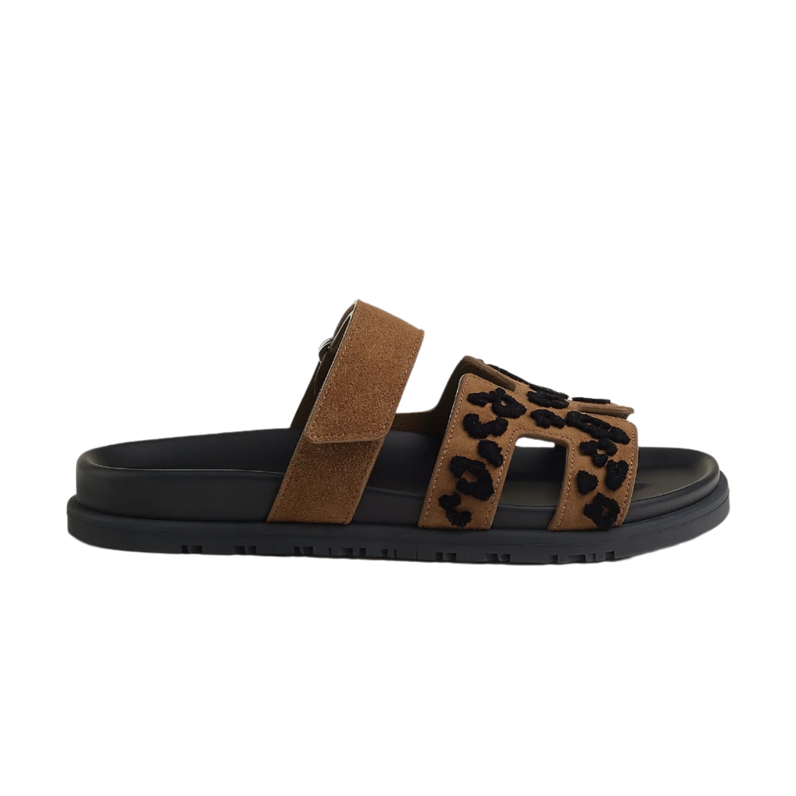 Hermes Suede Goatskin Tufted Leopard Womens Chypre Sandals Brun Fume Black